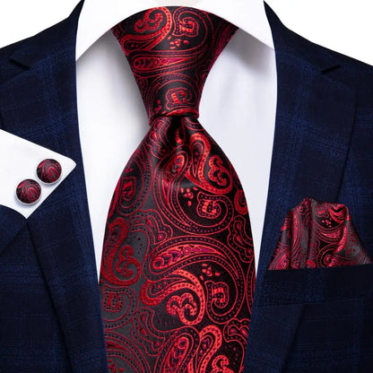 Hi-Tie Designer Burgundy Paisley 63inch Silk Mens Tie Extra Long Ties for Men Woven Classic 160cm Mens Necktie Pocket Square Set