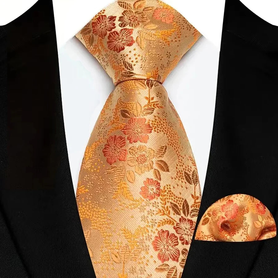 Mens 8cm Tie Set Orange Brown Floral Stripes Wedding Tie Hadkerchief Set For Men Fashion Design Quality Hanky Necktie Set
