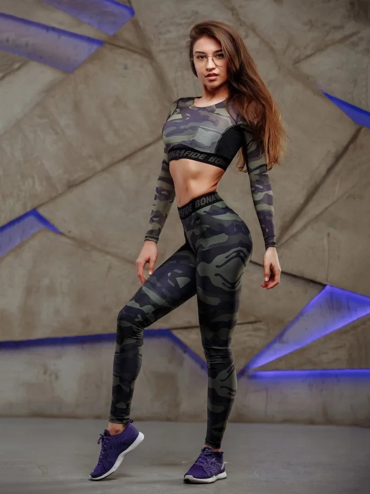 Krisnanas Camouflage 2 Piece Sets Women 2026 Sporty O Neck Short Tops Letter Printed Butt Lifting Leggings New Yoga Suits 6232