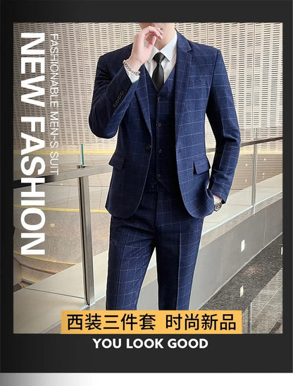 Suits  (blazer+ Vest + Pants) Men Fashion Business Casual Hosts Slim-fit Gentleman Wedding Work  Mens Suits 3 Piece M-5XL