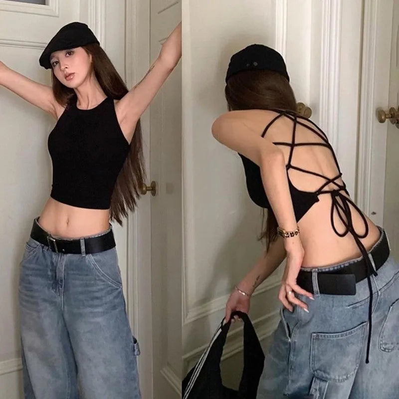 Y2K Backless Crop Top for Women Sleeveless Sexy Cute Black Vest Tank Top Summer Fashion Cropped Vest 2000s Style Female Clothing