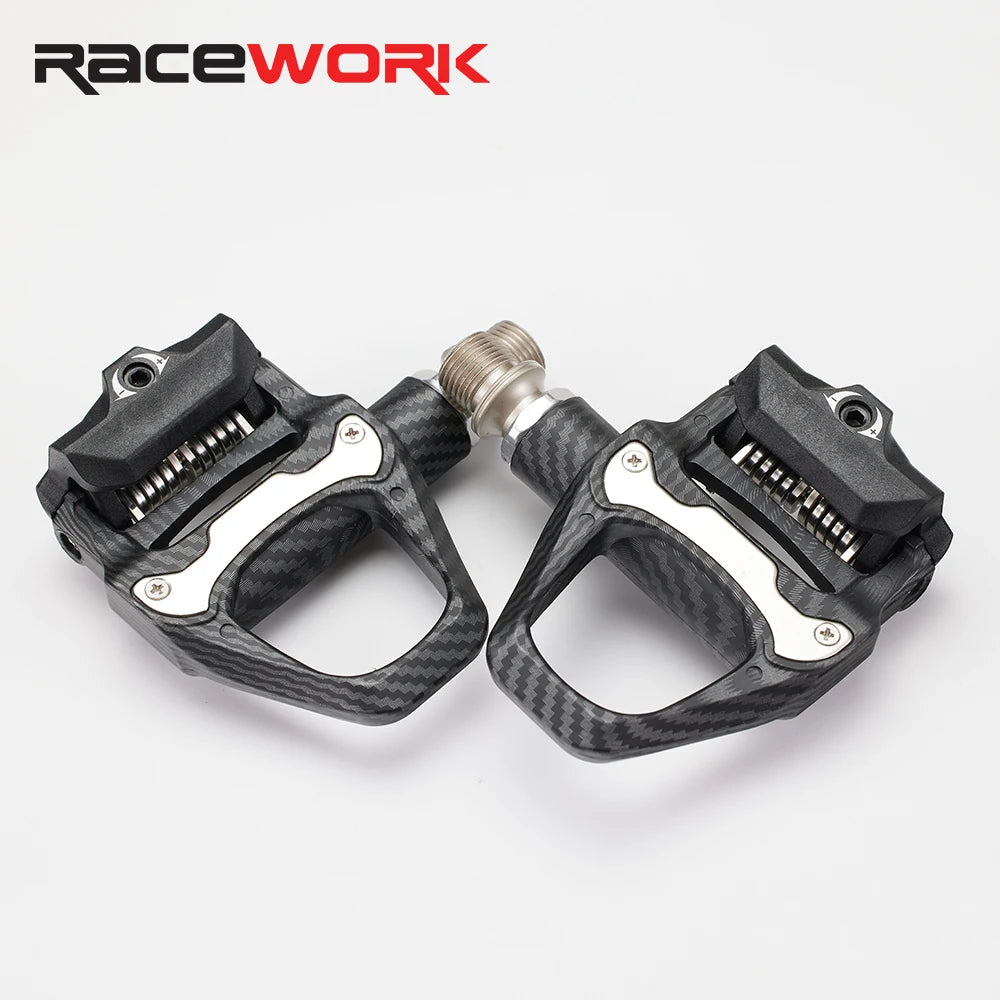 RACEWORK Bicycle Lock Pedal Road Bike Self-Locking Carbon Fiber Pattern Pedals With Sealed Bearings Lock Piece For SPD System