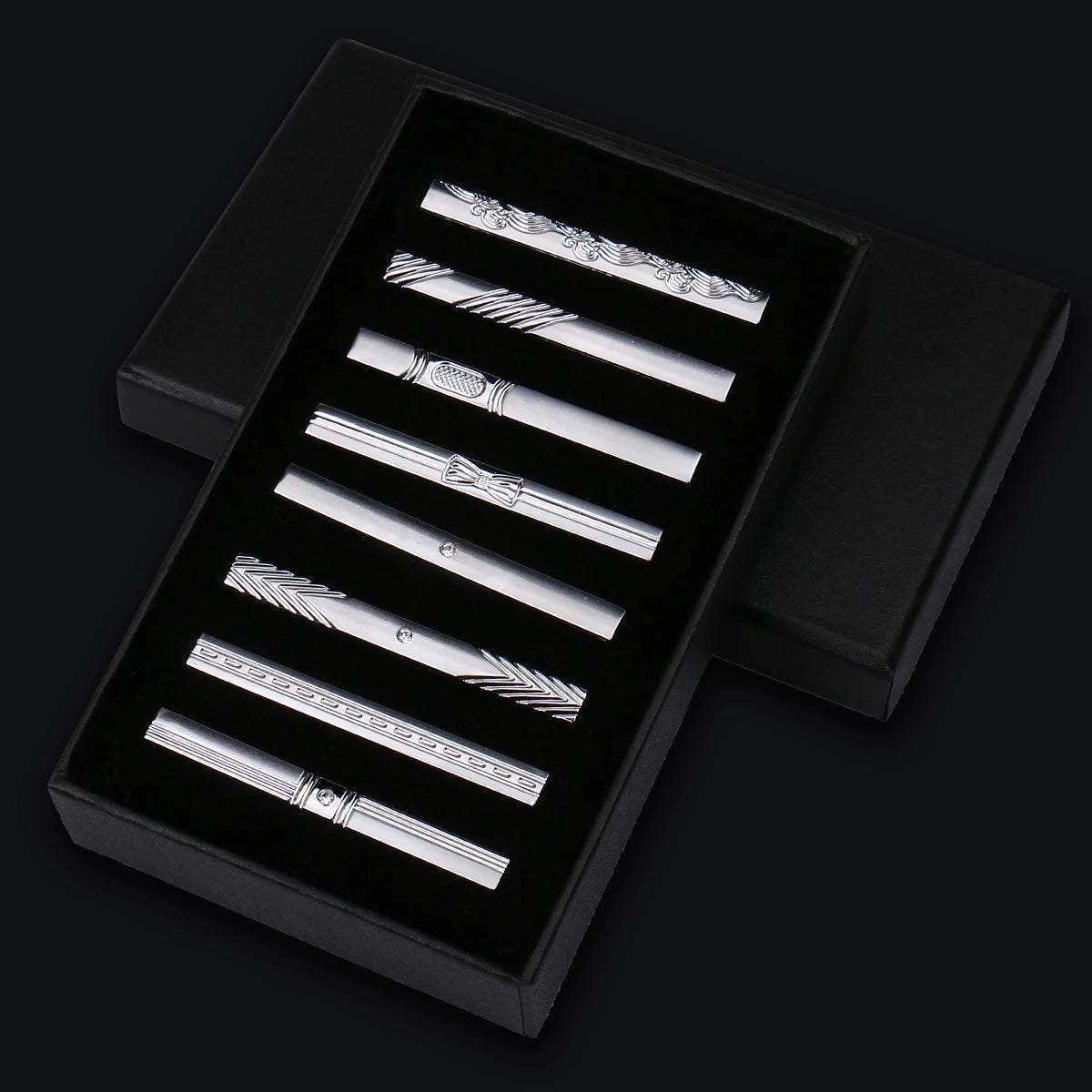 8pcs Tie Clips Metal Diamond With Box For Men Wedding Mens Necktie Clips Set Chrome Stainless Steel Jewelry Gentleman Ties Pin