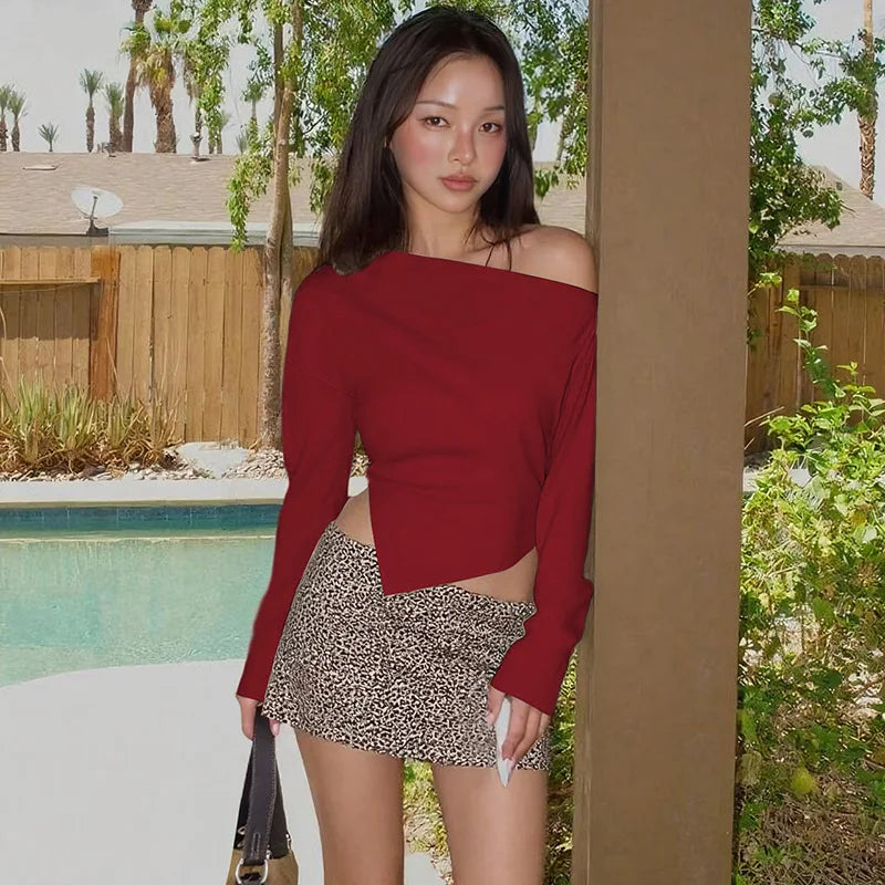 Talenza Women Casual Top Fashion Slim Slit Long Sleeve Pullover Top Sexy Strapless Pleated New Party Looks Top Female Streetwear