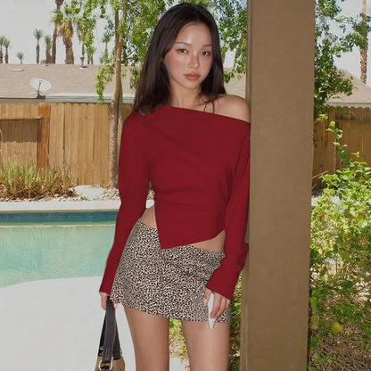 Talenza Women Casual Top Fashion Slim Slit Long Sleeve Pullover Top Sexy Strapless Pleated New Party Looks Top Female Streetwear