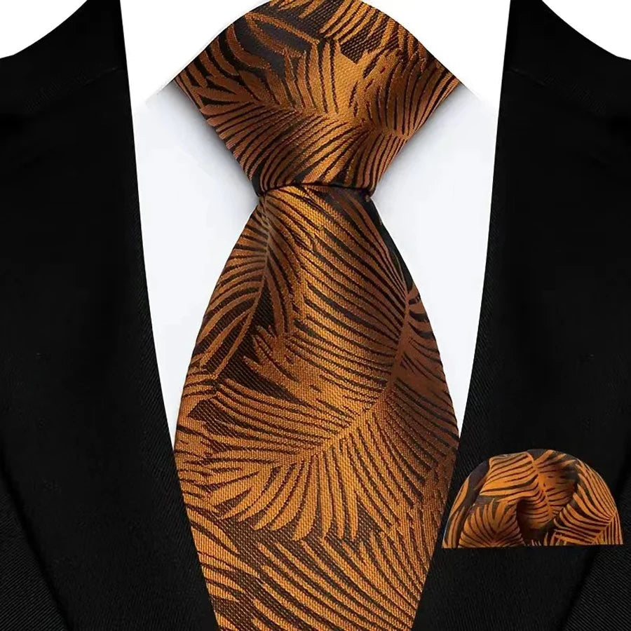 Mens 8cm Tie Set Orange Brown Floral Stripes Wedding Tie Hadkerchief Set For Men Fashion Design Quality Hanky Necktie Set