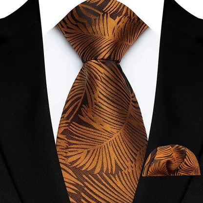 Mens 8cm Tie Set Orange Brown Floral Stripes Wedding Tie Hadkerchief Set For Men Fashion Design Quality Hanky Necktie Set