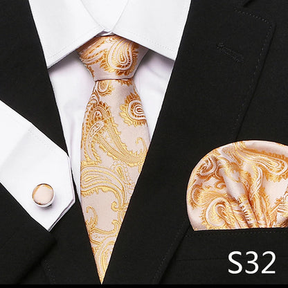 Men`s Tie Red Plaid print Jacquard Woven Tie Hanky Cufflinks Sets For Formal Wedding Business Party Free Postage