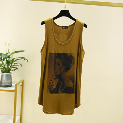 Women Long Tank Tops O-Neck Fashion Print Beauty&