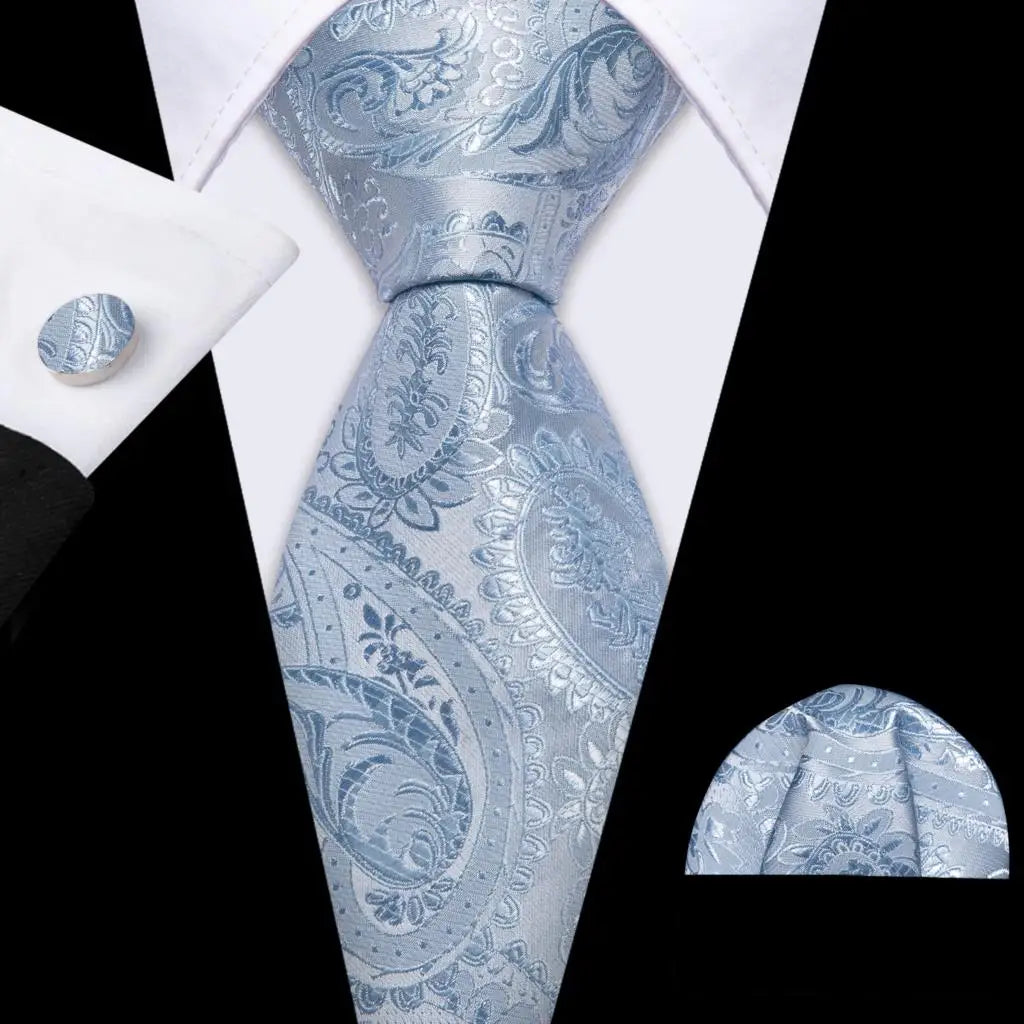 Barry.Wang Navy Royal Sky Blue Silk Men Tie Hanky Cufflinks Set Jacquard Teal Cyan Turquoise Necktie for Male Wedding Business