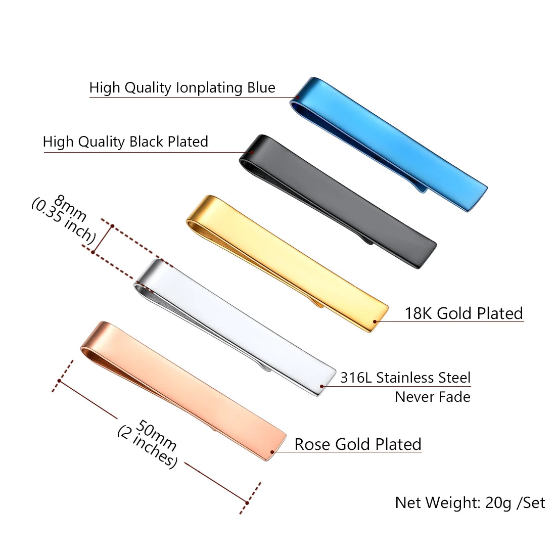 U7 Stainless Steel 5pcs/set Tie Clips for Men Flat Clip Mix Metal Colors Necktie Gift for Him Daily Jewelry Set