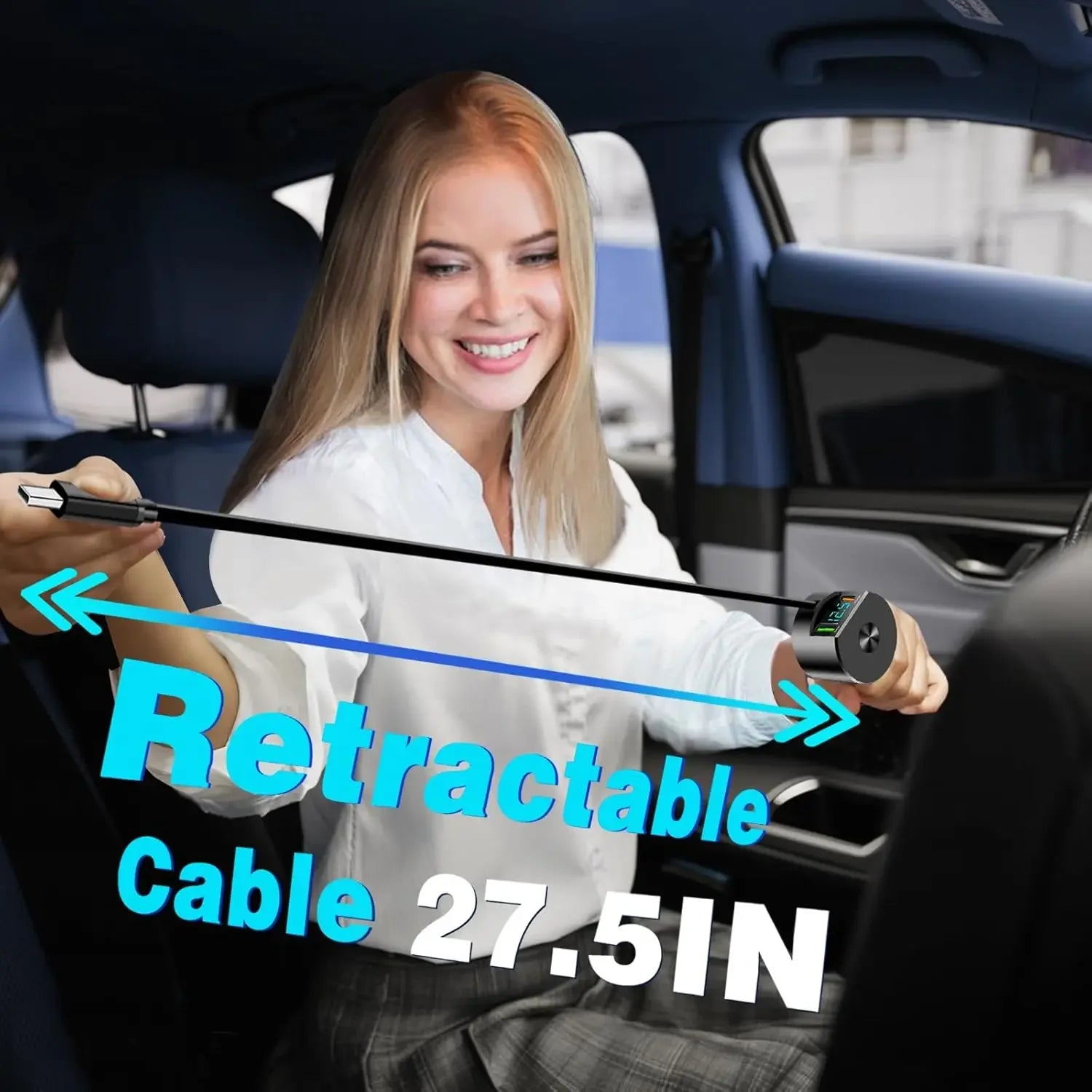 Upgraded Retractable Car Charger 3 in 1, 69W Fast Charging PD30W+2.4A Voltage Display Dual Cables for iPhone &amp; Android