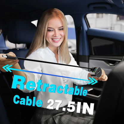 Upgraded Retractable Car Charger 3 in 1, 69W Fast Charging PD30W+2.4A Voltage Display Dual Cables for iPhone &amp; Android