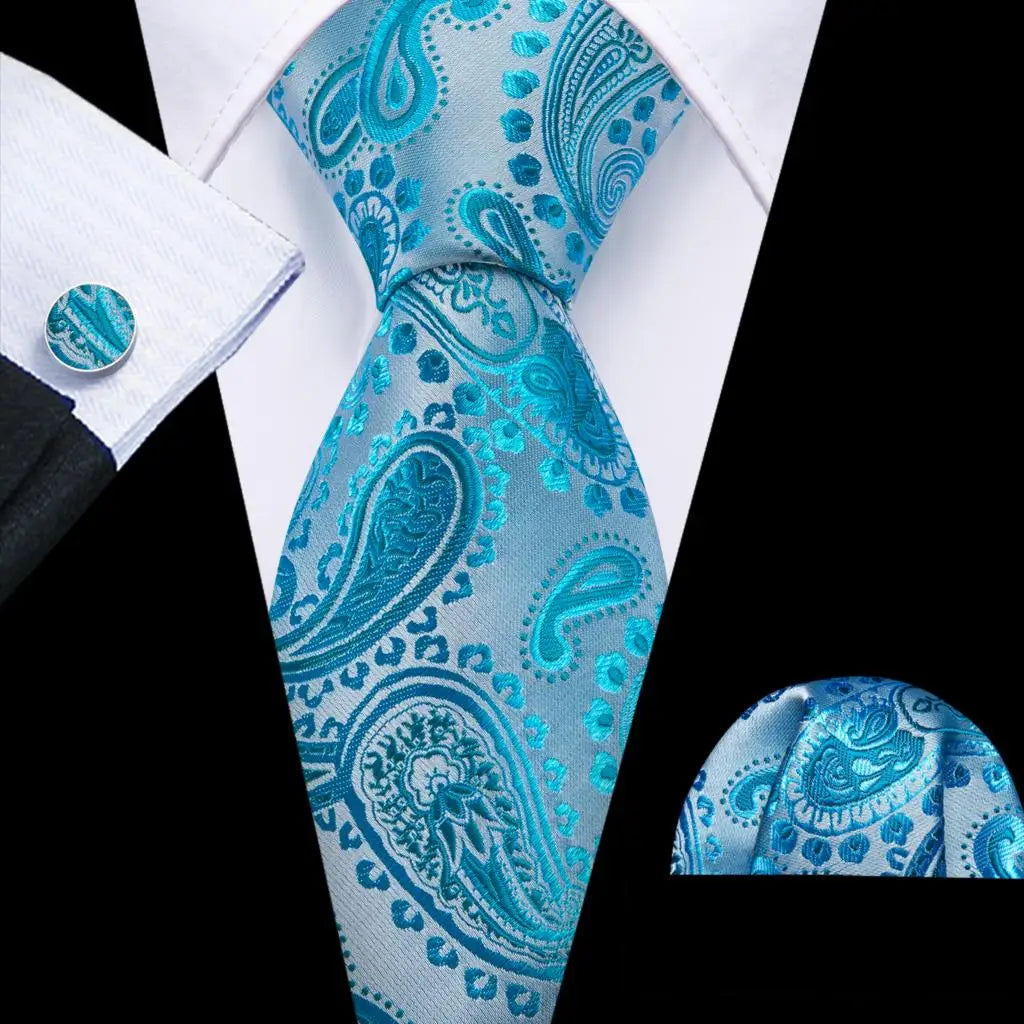 Barry.Wang Navy Royal Sky Blue Silk Men Tie Hanky Cufflinks Set Jacquard Teal Cyan Turquoise Necktie for Male Wedding Business