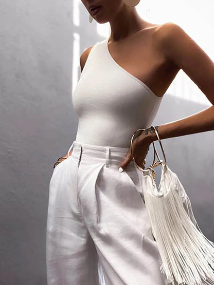 Sexy Off One Shoulder Cutout Halter Tank Top Solid Color Crop Tops Women Sleeveless Cropped Vest Camis Tube Top Female