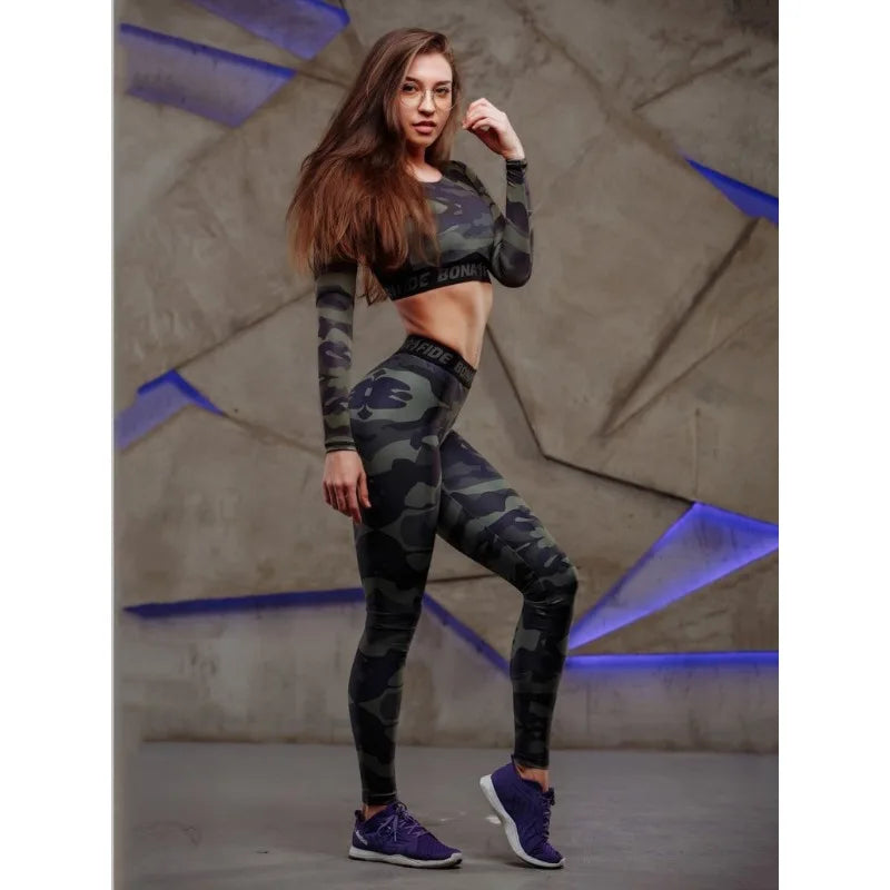 Krisnanas Camouflage 2 Piece Sets Women 2026 Sporty O Neck Short Tops Letter Printed Butt Lifting Leggings New Yoga Suits 6232