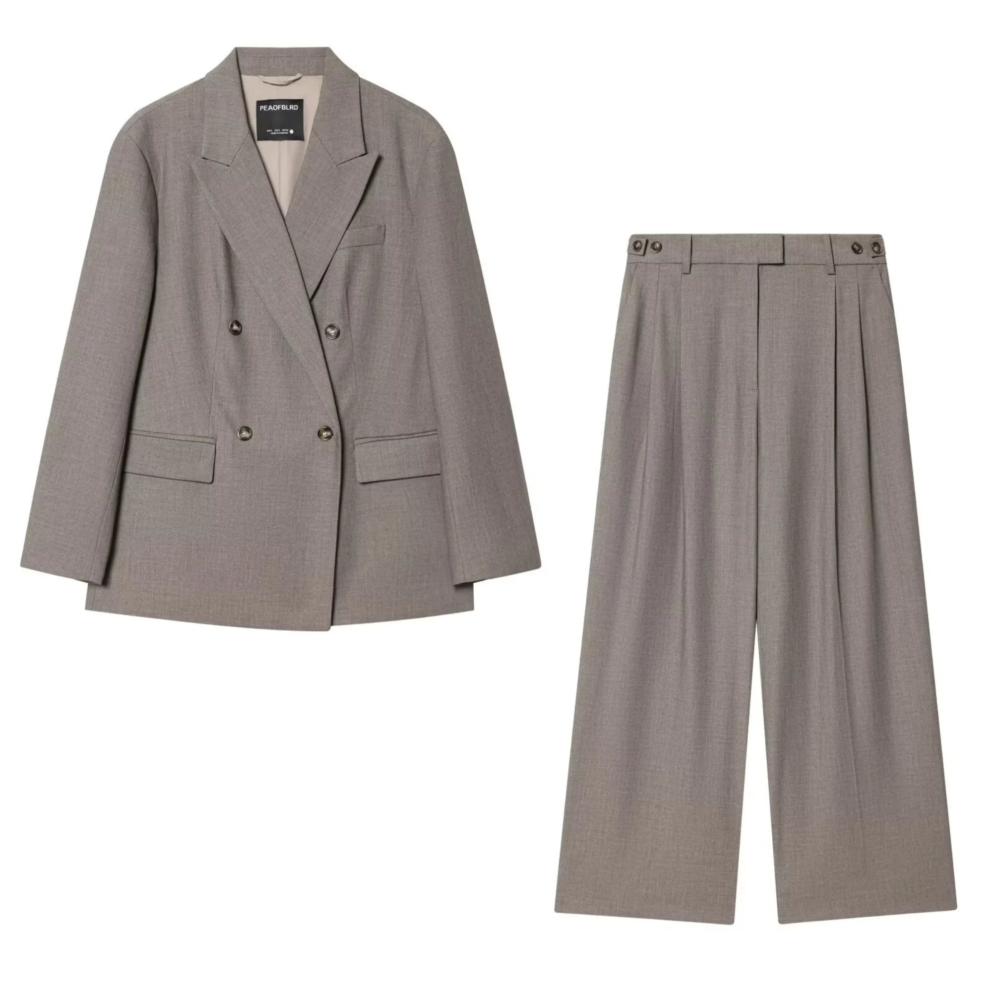 Women Casual Solid Blazer Long Pants Sets Female Fashion Double-Breasted Lapel Blazers Coat Or Lady Chic Wide Leg Long Trousers