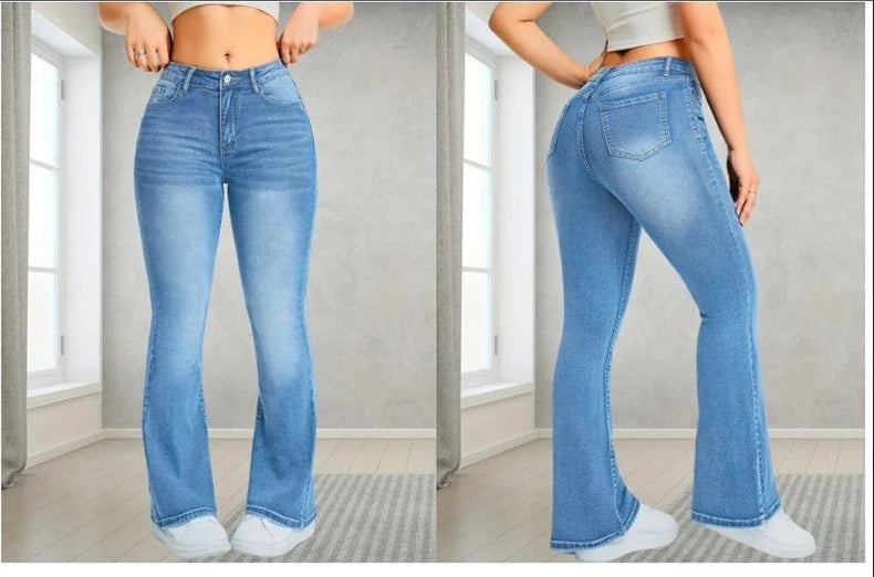 New Women Casual Micro Flares Jeans Fashion Pockets Button Splice Washed Denim Pants Streetwear Female Office Commuter Trousers