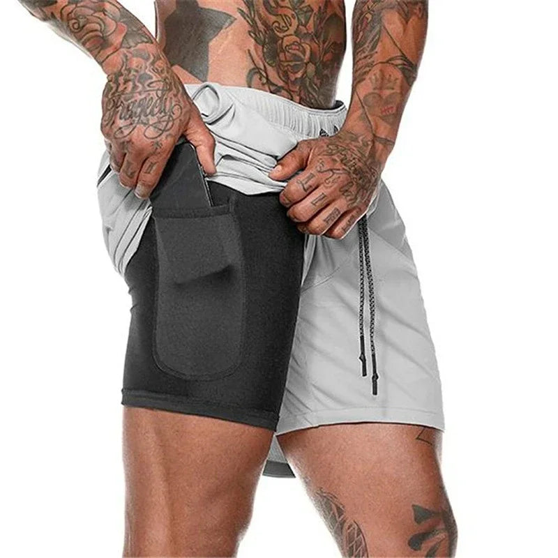 Men Fitness Built-in pocket sports Shorts Summer 2 In 1 Quick Dry Gym Beach shorts Running Double-deck Shorts mesh sweatpants