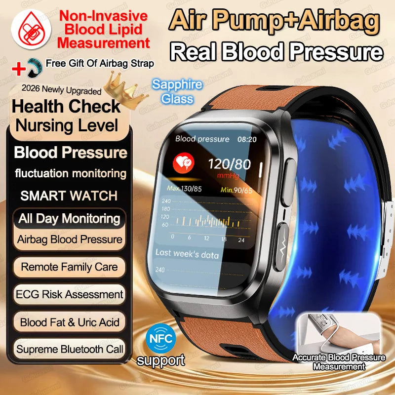 2026 New Blood Pressure Air Pump Airbag Accurate Measure Smart Watch Men Non invasive Blood Lipids Health ECG Smart Watches NFC