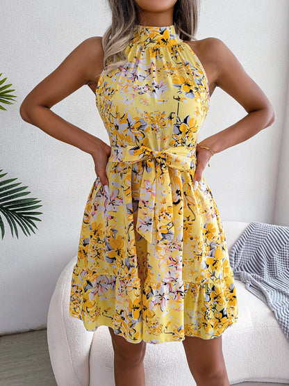 Women Casual Sleeveless Ruffles Slim Waist Floral Print Dress for Summer 2025 Elegant Dresses for Woman Valentine&