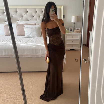 Mozision One Shoulder Lace See Through Sexy Maxi Dress Women Gown Fashion Off-shoulder Sleeveless Backless Club Long Dresses
