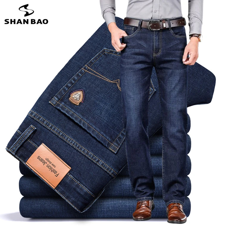 SHAN BAO 2022 autumn spring fitted straight stretch denim jeans classic style badge youth men&