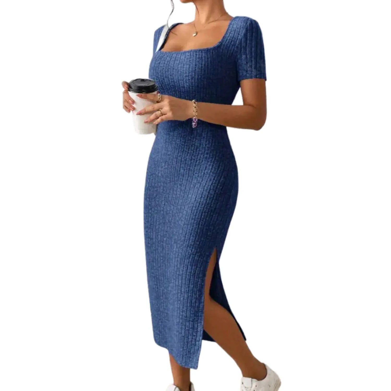 Summer Dresses For Women 2026 Summer Ribbed Short Sleeve Bodycon Maxi Dress Side Slit Knit Square Neck Long Robe Vestidos
