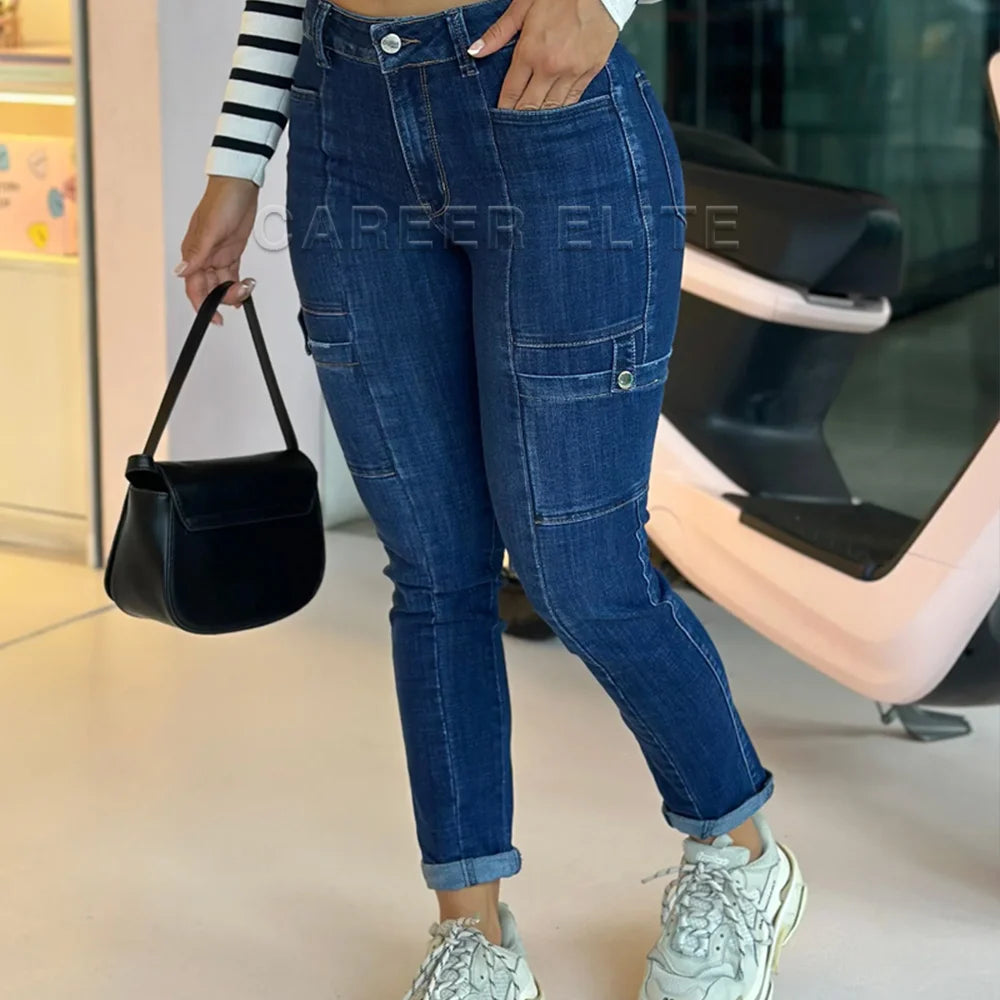 Women Y2K Cargo Pants Streetwear Slimming Jeans Female Casual Low Waist Denim Pants Blue Trousers Stretch Plus Size All Season