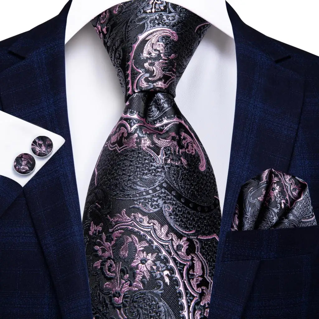 Hi-Tie Designer Burgundy Paisley 63inch Silk Mens Tie Extra Long Ties for Men Woven Classic 160cm Mens Necktie Pocket Square Set