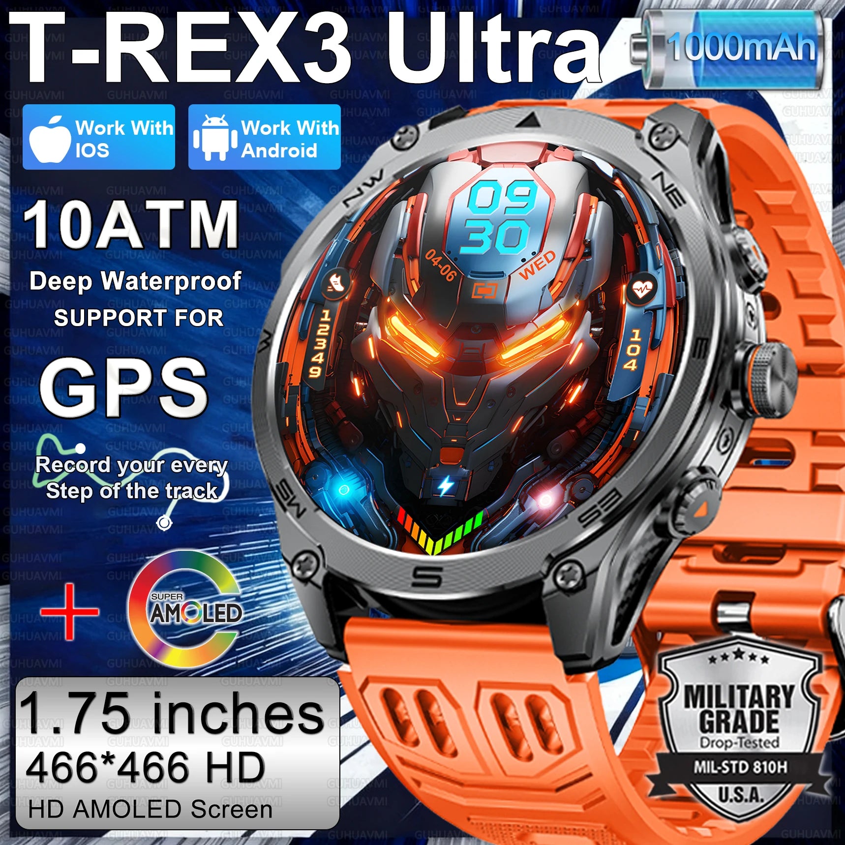 T-Rex 3 ULtra Military Grade 1000mAh Battery Smart Watch 10ATM Waterproof GPS call AMOLED HD Men 100+Sports 2025 New Smart watch