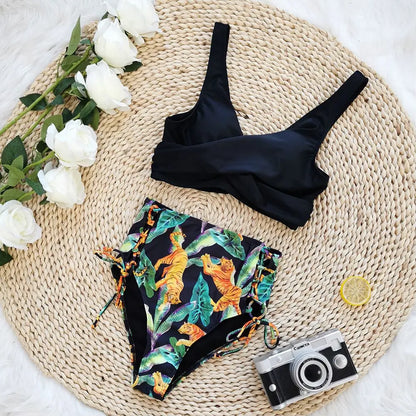 Floral Print V Neck Bikini Sets, Tie Back Tie Side Cut Out High Waist High Cut Two Pieces Swimsuit, Women&
