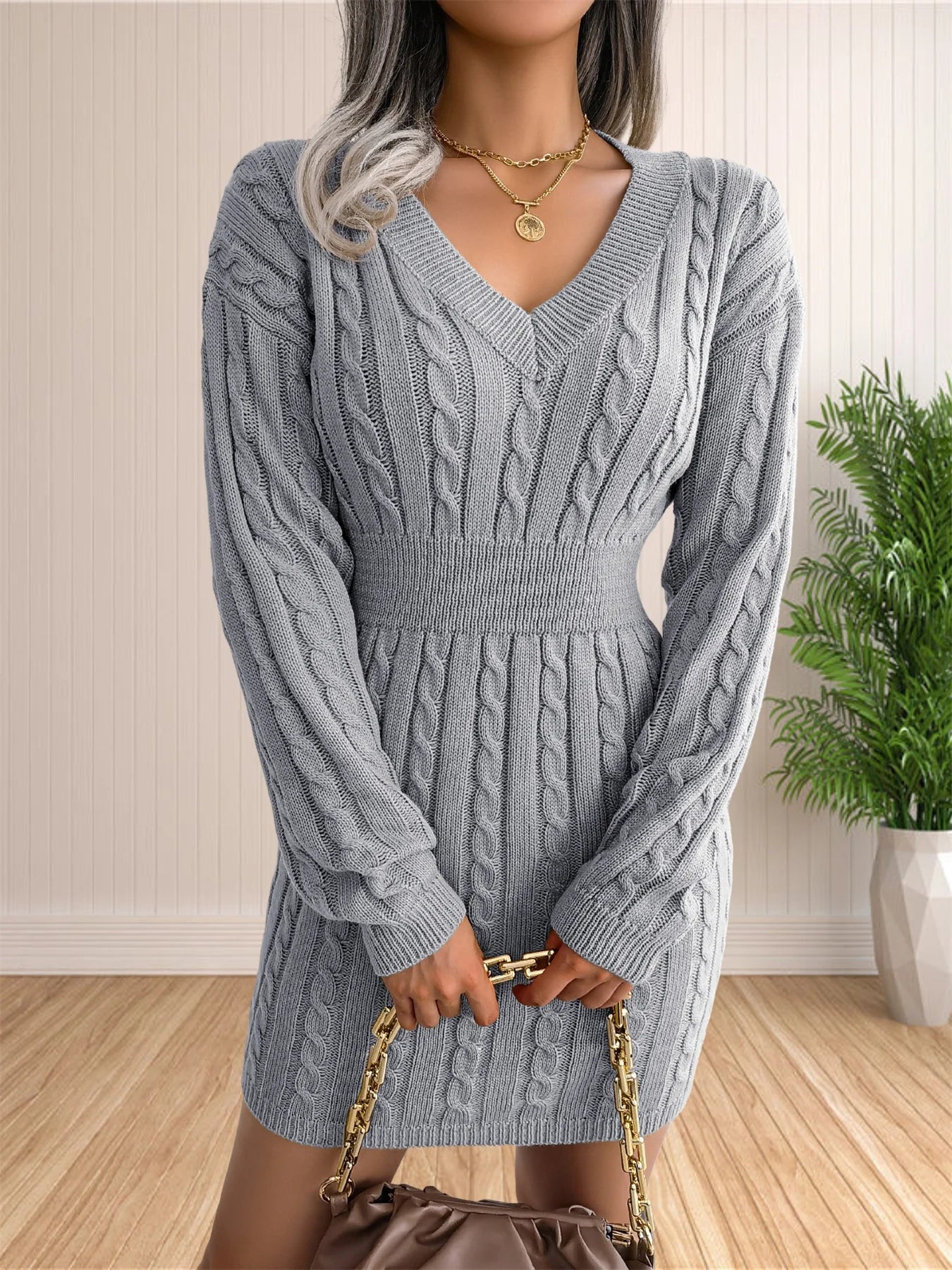 Women Sweater Dresses Cocktail V Neck Knitted Dress Sweater Sheath Dress