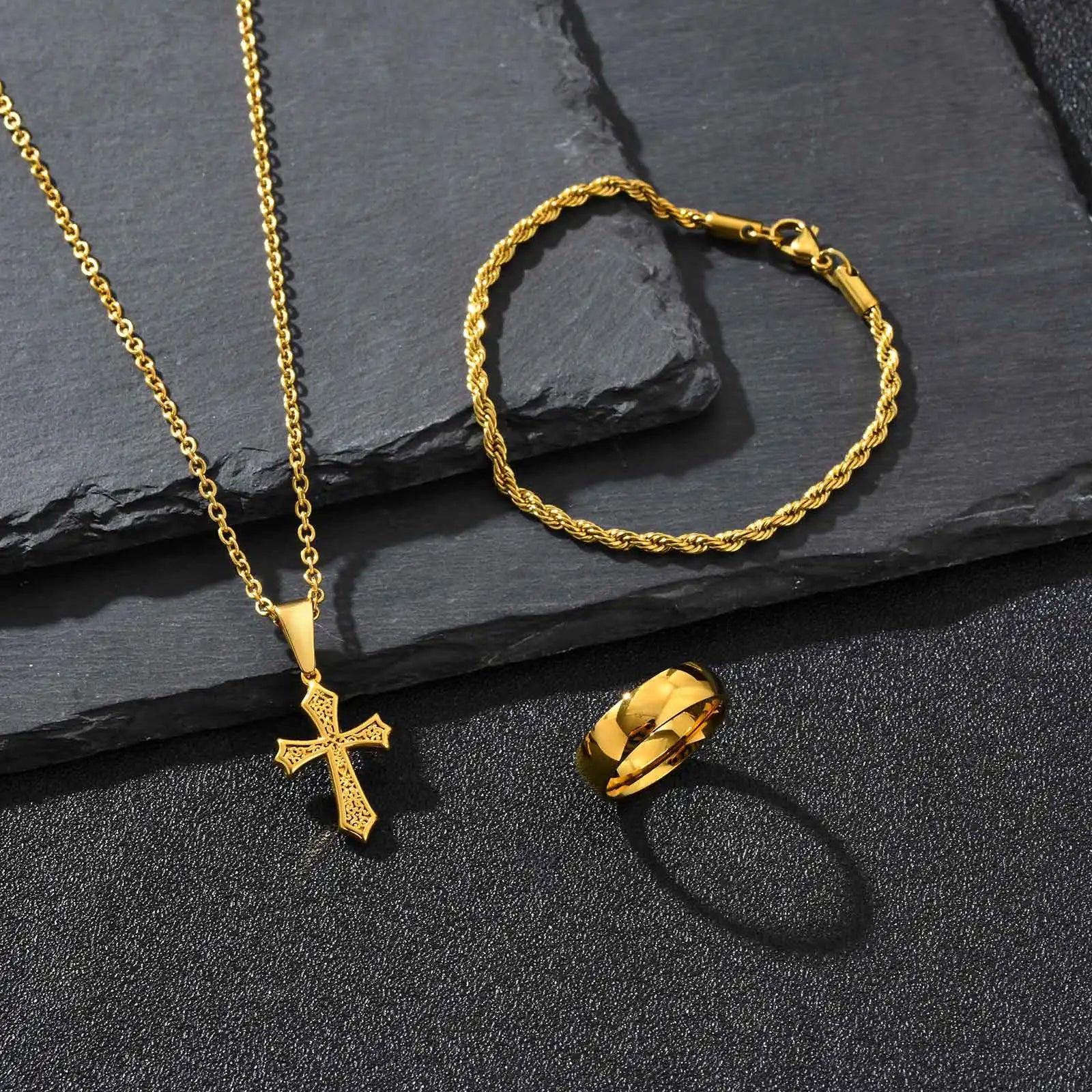 3pcs Dainty Cross Necklace Set for Men Boys,Waterproof Stainless Steel Chain Bracelet,Fashion Cool Male Jewelry Set Gift