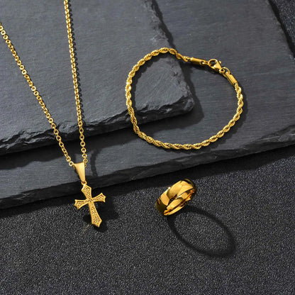 3pcs Dainty Cross Necklace Set for Men Boys,Waterproof Stainless Steel Chain Bracelet,Fashion Cool Male Jewelry Set Gift