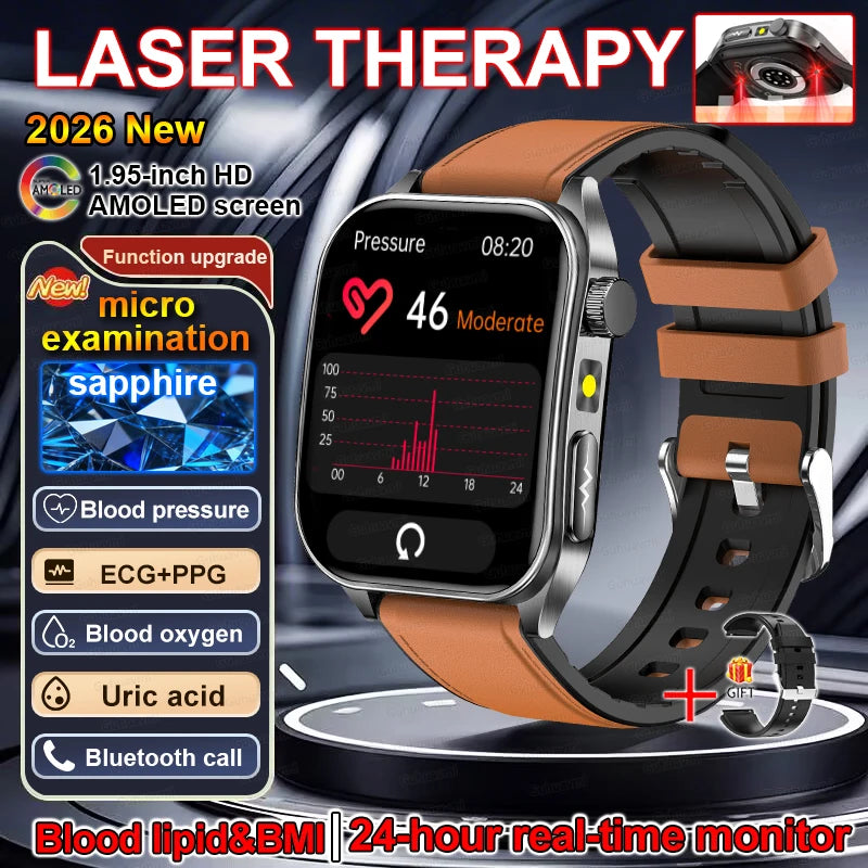 2026 New Smart Watch laser therapy health conditioning Blood oxygen Pressure Uric Acid Blood lipid ECG Smartwatch for Man Women