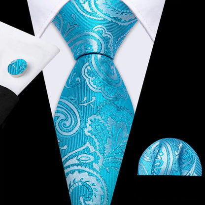 Barry.Wang Navy Royal Sky Blue Silk Men Tie Hanky Cufflinks Set Jacquard Teal Cyan Turquoise Necktie for Male Wedding Business