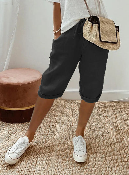 Shorts Women summer cotton linen elastic waist pocket elastic casual pants five quarter women&