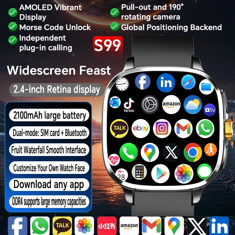 Android 13.0 Smartwatch 5G Full Netcom Smart Watch With 190° Rotary Camera GPS Position WIFI NFC 2100mAH Battery 2.4inch Amoled