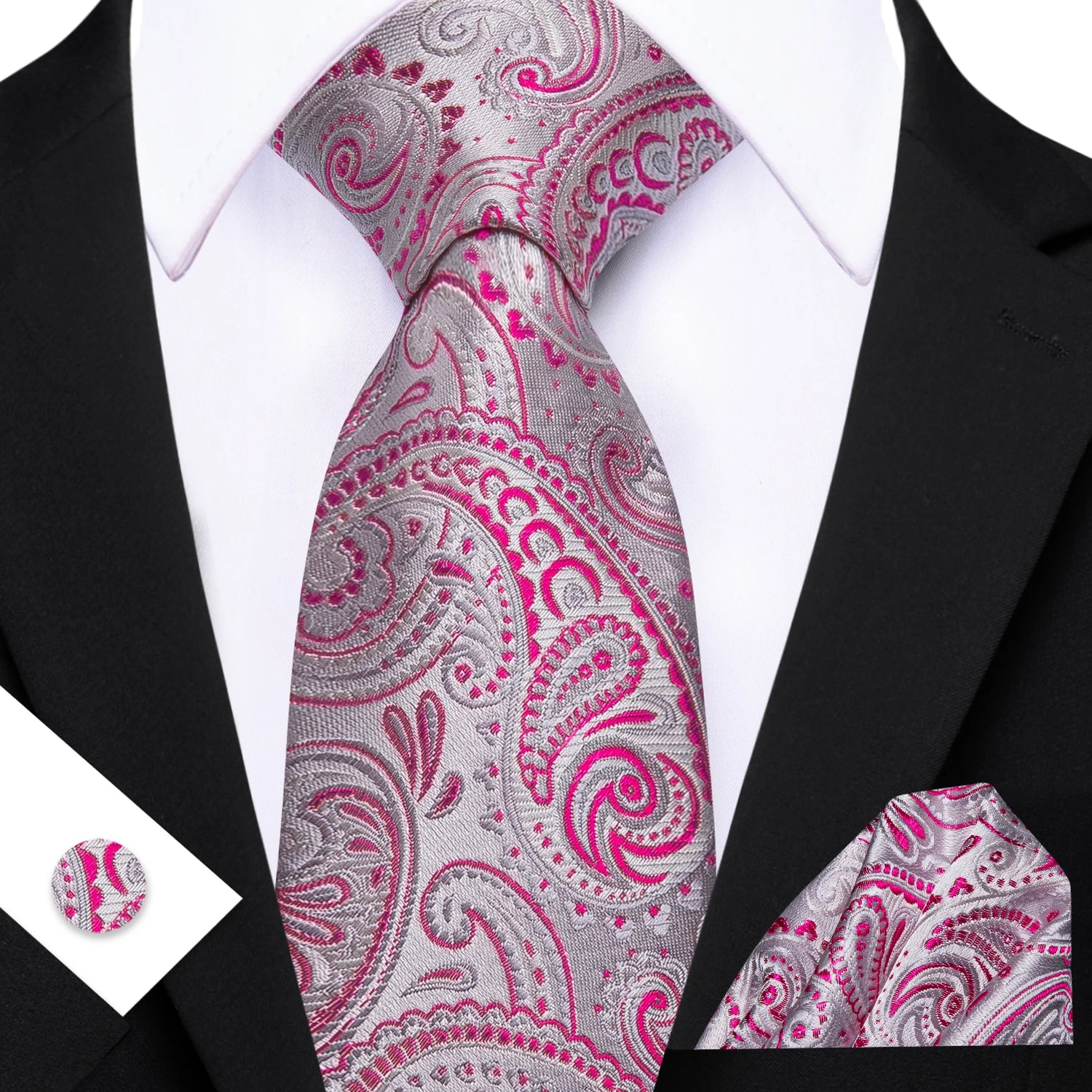 Barry.Wang Jacquard Watermelon &amp; Peach Pink Men Tie With Pocket Square Cufflinks Set Exquisiet Necktie For Male Wedding Business
