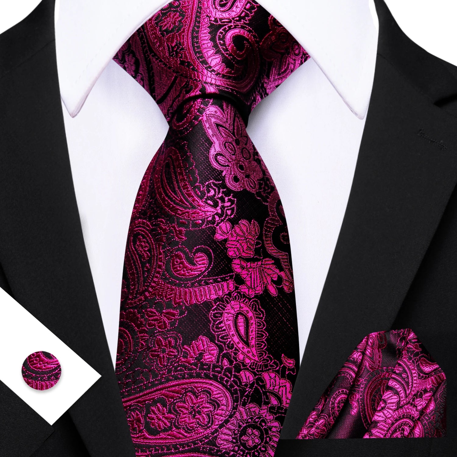Barry.Wang Jacquard Watermelon &amp; Peach Pink Men Tie With Pocket Square Cufflinks Set Exquisiet Necktie For Male Wedding Business
