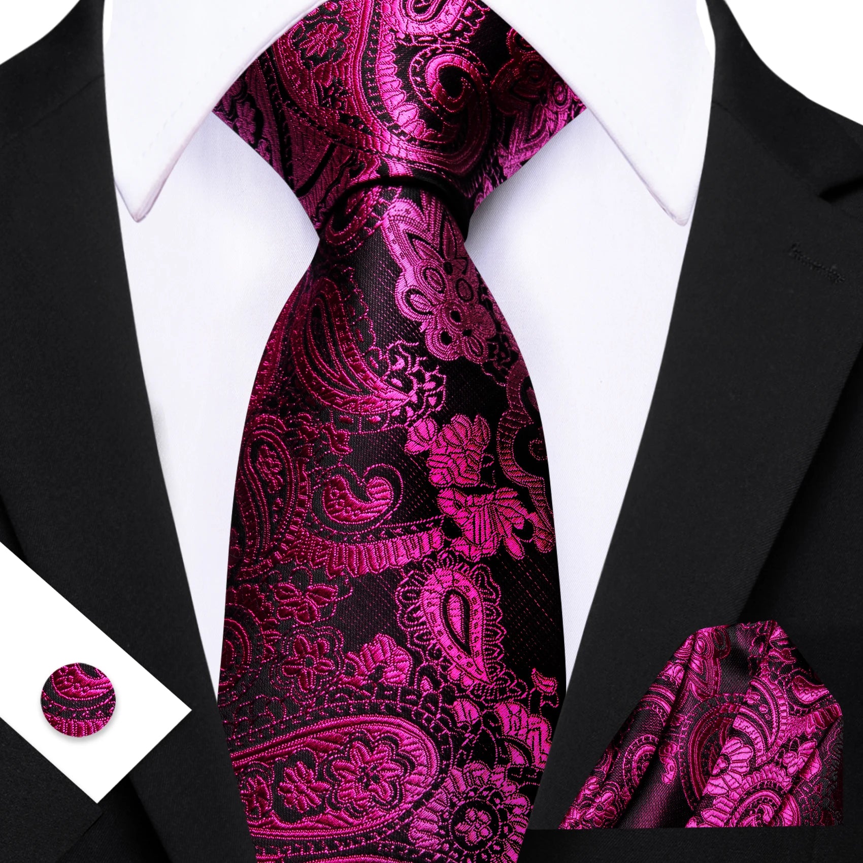 Barry.Wang Jacquard Watermelon &amp; Peach Pink Men Tie With Pocket Square Cufflinks Set Exquisiet Necktie For Male Wedding Business