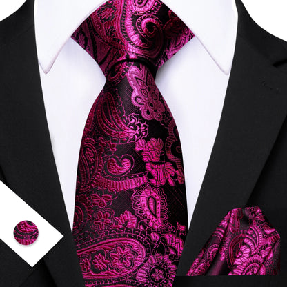 Barry.Wang Jacquard Watermelon &amp; Peach Pink Men Tie With Pocket Square Cufflinks Set Exquisiet Necktie For Male Wedding Business