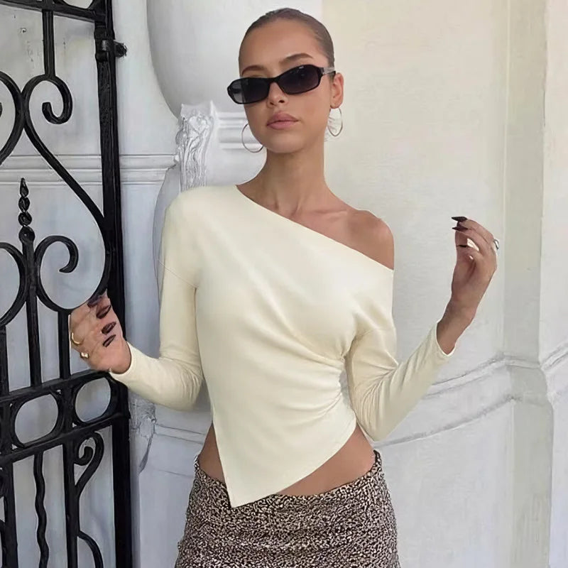 Talenza Women Casual Top Fashion Slim Slit Long Sleeve Pullover Top Sexy Strapless Pleated New Party Looks Top Female Streetwear