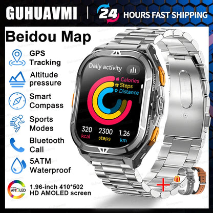 New GUHUAVMI TANK X5 SmartWatch MIL-STD-810H Rugged IP69K 5ATM L1+L5 GPS 1.96" AMOLED Compass OutdoorSport Watch for Android iOS