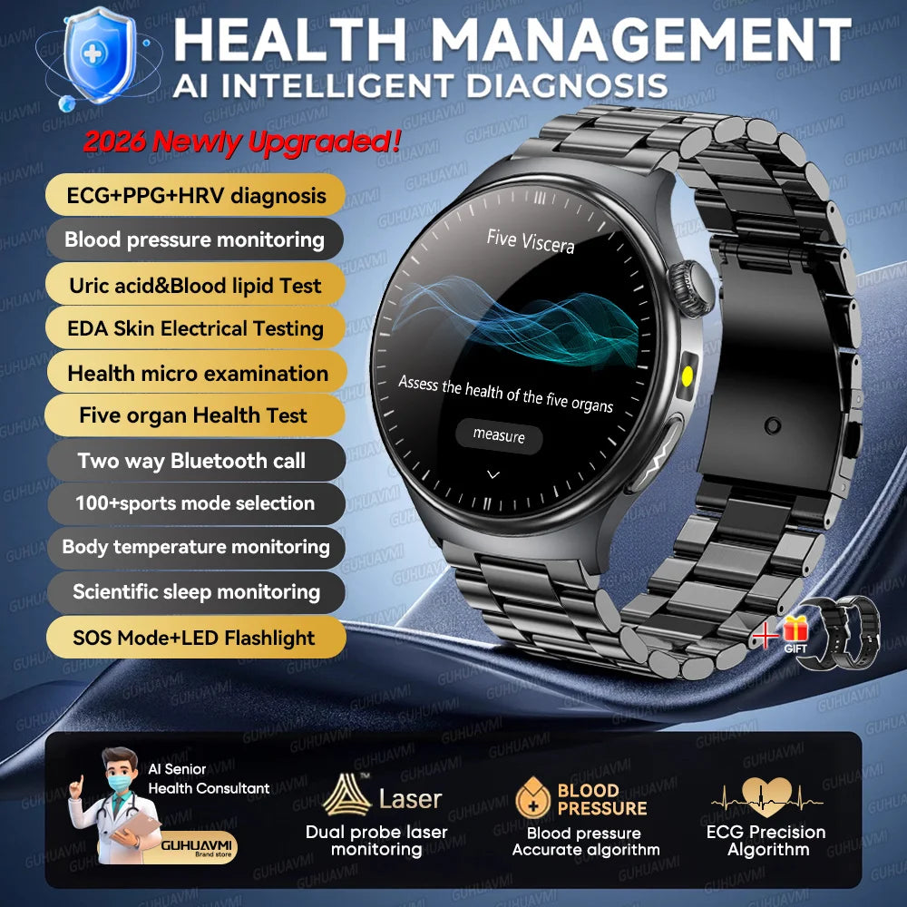 2026 New Micro Physical Examination Health SmartWatch Men ECG Uric Acid Lipids Blood Pressure BT Call Smartwatch For Android IOS