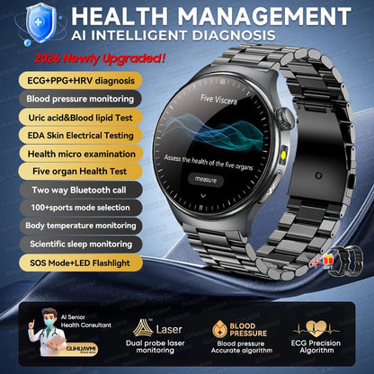 2026 New Micro Physical Examination Health SmartWatch Men ECG Uric Acid Lipids Blood Pressure BT Call Smartwatch For Android IOS