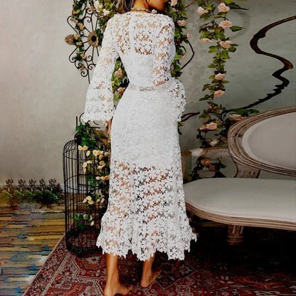 Autumn new Europe and the United States explosive sexy perspective lace long-sleeved V-neck swing dress