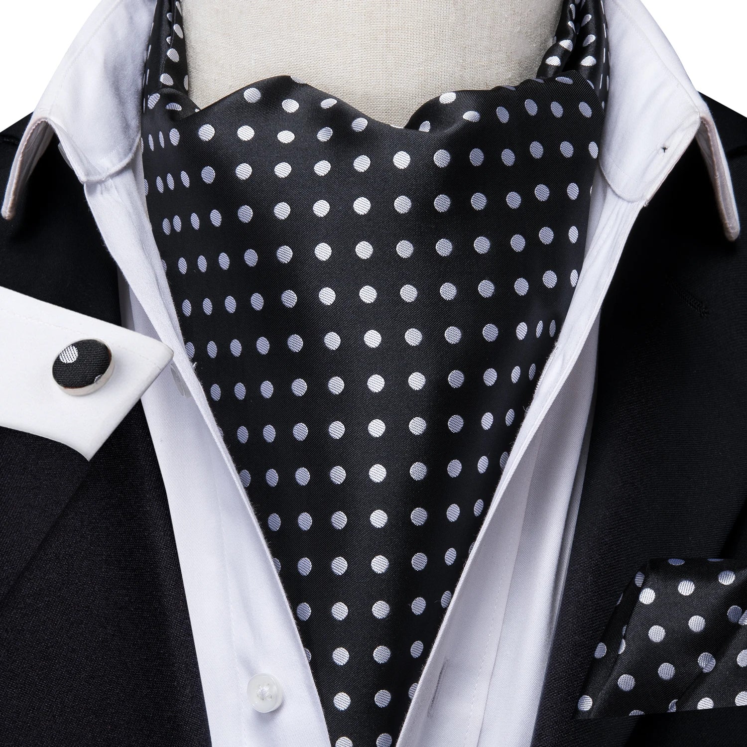Hi-Tie Silk Mens Ascot Hanky Cufflinks Set Black Yellow White Paisley Cravat Tie Vest Dress Ascots Self Vintage Jacquard Woven