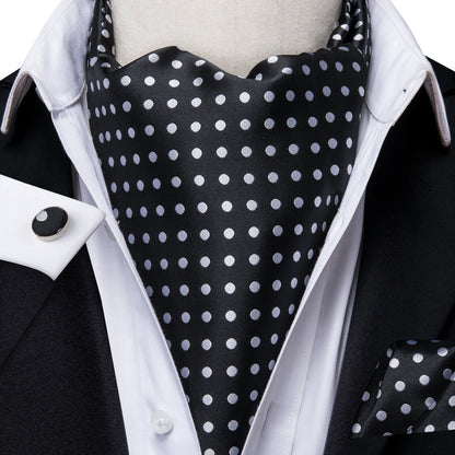 Hi-Tie Silk Mens Ascot Hanky Cufflinks Set Black Yellow White Paisley Cravat Tie Vest Dress Ascots Self Vintage Jacquard Woven